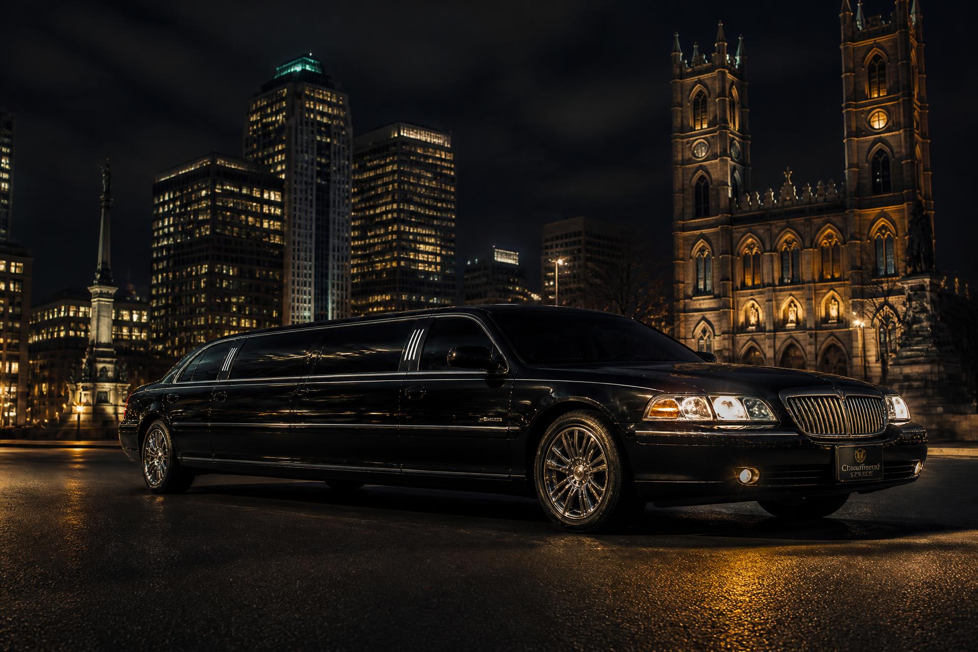 Black luxury limousine in front of Montreal skyline at night